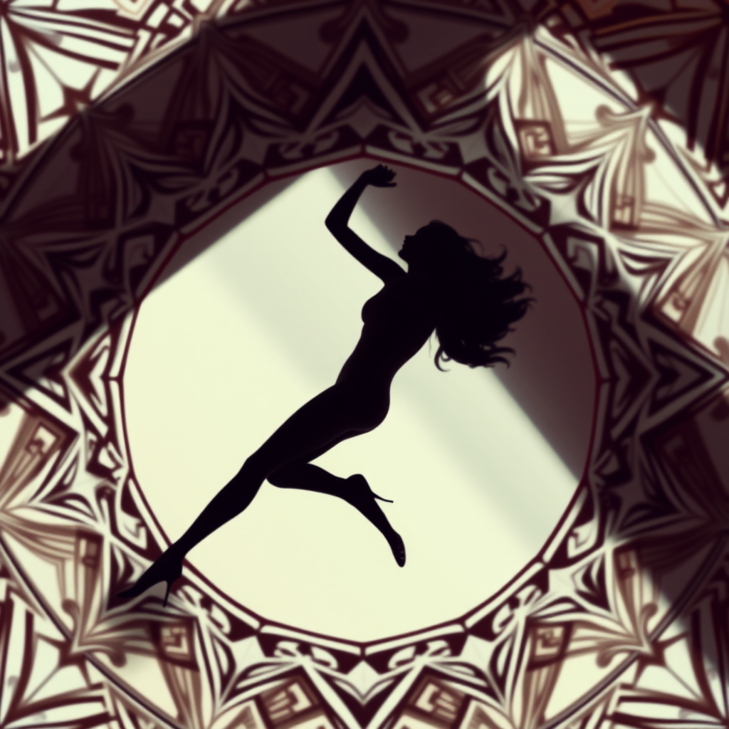 Generate a high-resolution image of a human figure in a dynamic pose, surrounded by an intricate geometric pattern, using a DSLR camera with a 50mm lens at f/1.8, ISO 200, shot in portrait mode with natural lighting to enhance details and contrast.