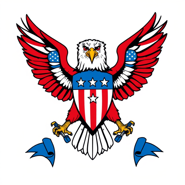 Regenerate a detailed graphic of a stylized eagle with red, white, and blue colors, two American flags in its talons, three stars on its chest, surrounded by a blue banner at the top and two blue ribbons at the bottom, high resolution, 300 dpi, shot from a frontal view, using a Canon EOS 5D Mark IV with an f/8 aperture and 50mm lens, flat lay style.