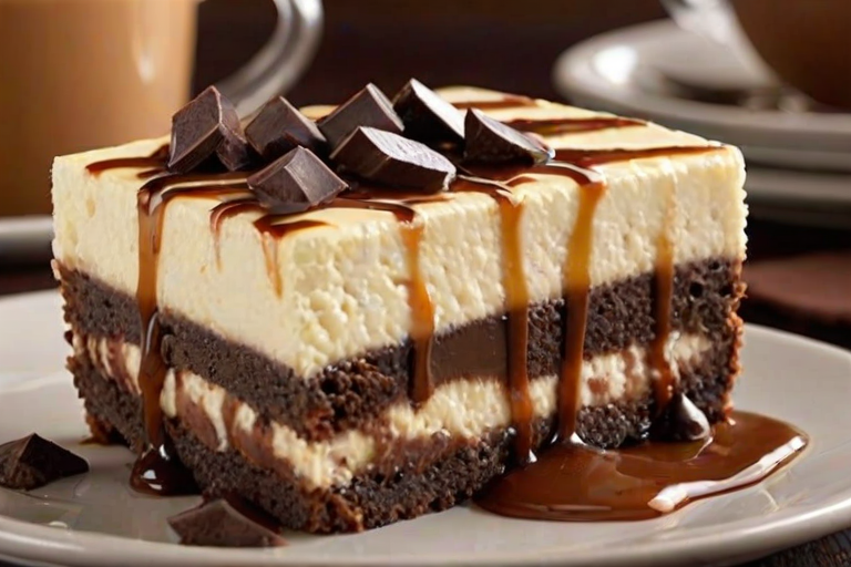 Create an image of a decadent layered dessert with a rich chocolate brownie base, creamy vanilla cheesecake filling, and topped with a glossy caramel sauce and chocolate chunks. The dessert should be presented on a white plate with a rustic background, highlighting its textures and colors.