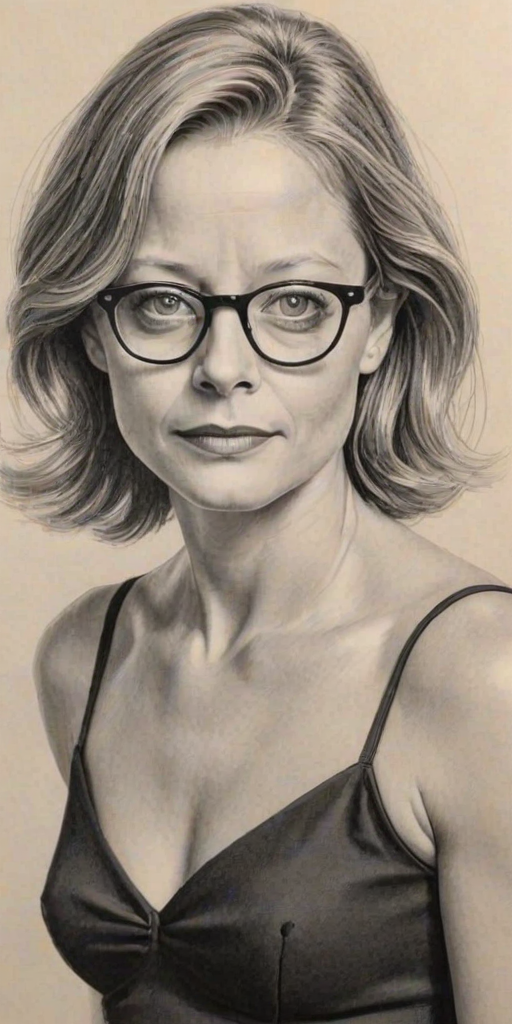 Magnificent Jodie Foster, pencil sketch, portrait of Sublime woman 1949s in glasses, hair style beatnik, outline, clear lines, fine lines, 8k