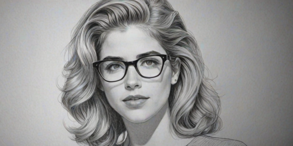 Appealing Emily Bett Rickards, pencil sketch, portrait of Sublime woman 1958s in glasses, hair style beatnik, outline, clear lines, fine lines, 8k