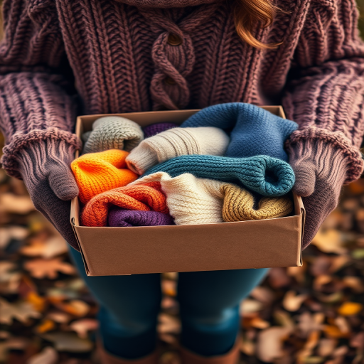 A person wearing a cozy knitted sweater and gloves holds a box filled with assorted colorful sweaters outdoors, surrounded by fallen leaves, captured with a Canon EOS R5 at 50mm, f/1.8, ISO 200, using natural light for a soft, vibrant look.