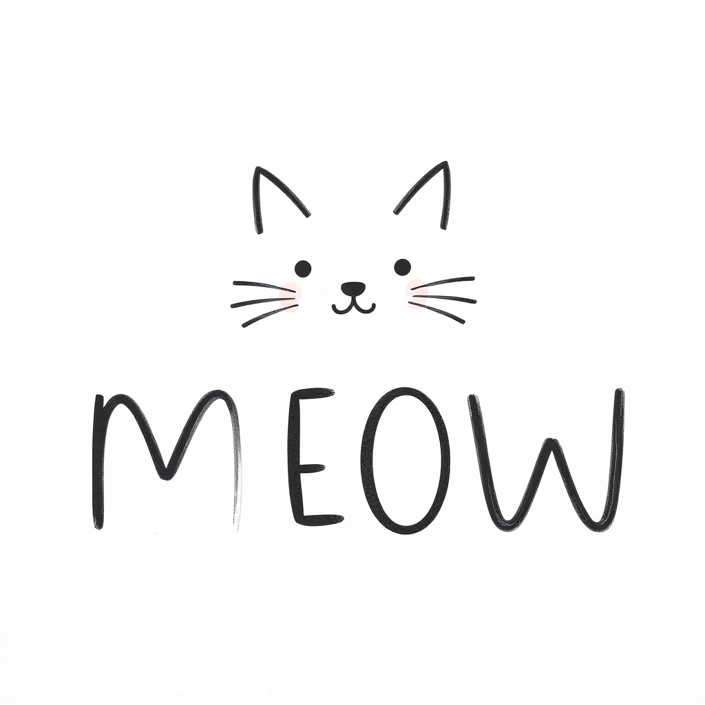 Create an image with a minimalist and cute design featuring the word "MEOW." Use simple black lines on a white background. The letter "M" should resemble a cat's face with ears and whiskers, and the letter "W" should also resemble an upside-down cat face. Add small blush marks on the cheeks of the cat faces for a charming touch.
