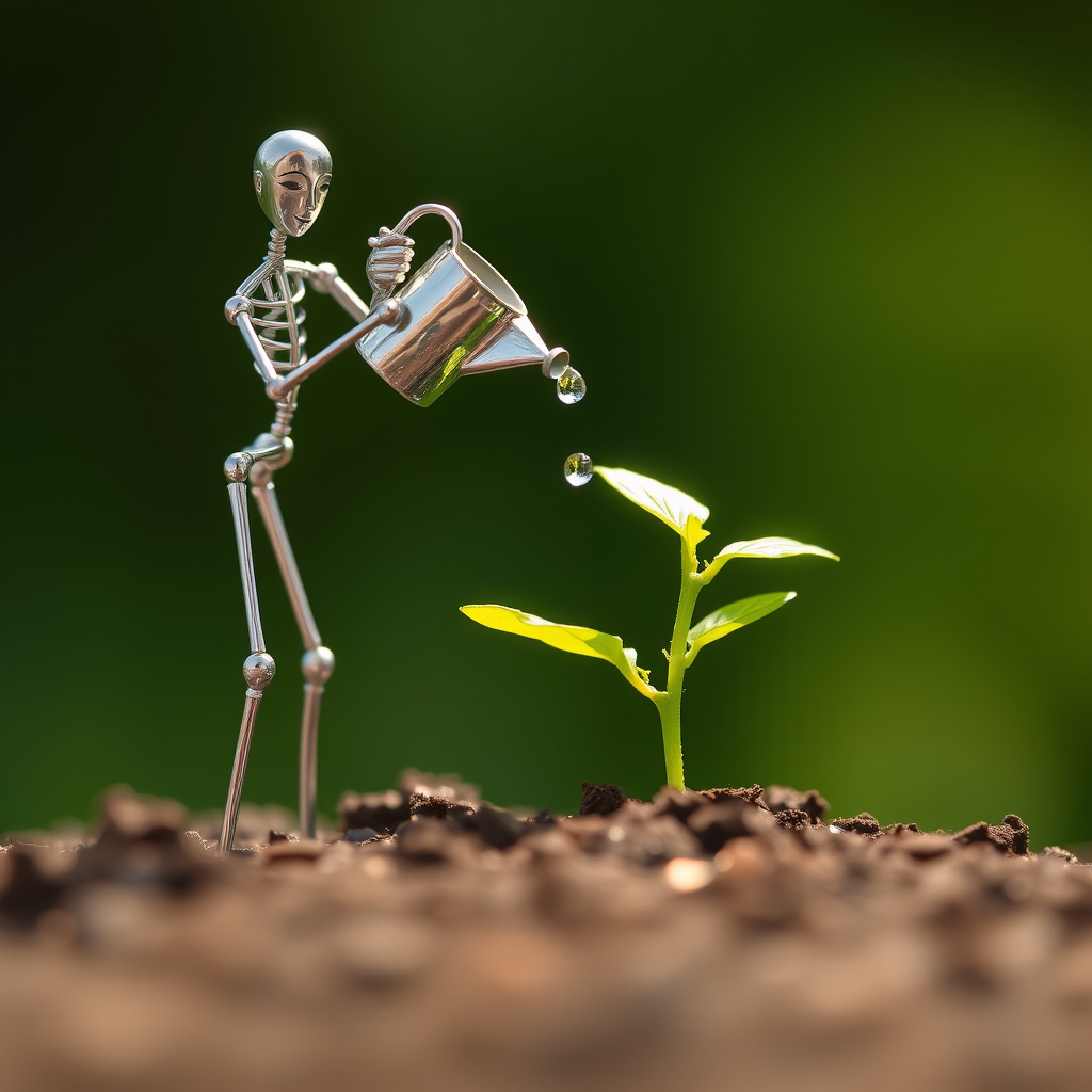 A metal figurine of a person, constructed from thin, silver rods, stands on the left side of the image, facing the viewer. The figurine is holding a small watering can and pouring water onto a young plant, with a few droplets in the air. The plant, with lush green leaves, is situated in the center, growing from dark soil. The background is a soft, out-of-focus blur of green, illuminated by warm, natural light.  The composition creates a sense of depth and intimacy. The image evokes feelings of growth, nurture, and hope.