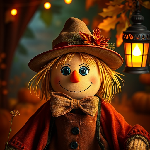 Create a whimsical autumn scene featuring a friendly scarecrow with a pumpkin-themed background, capturing soft, glowing lantern light, shot with a DSLR camera at f/2.8 for a shallow depth of field, ISO 100, 50mm lens, and a warm color palette to enhance the cozy atmosphere.