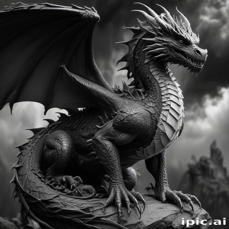 Majestic Black Dragon Perched on Rocky Outcrop Under Dramatic Cloudy Sky