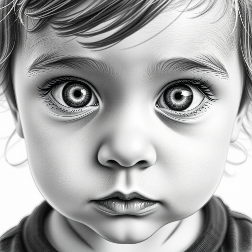 A hyperdetailed photorealistic black and white sketch of a beautiful toddler with deep white eyes, with a macro focus