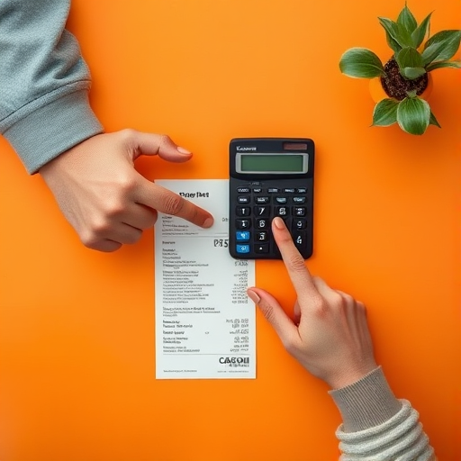 create an image of a person with hands pointing at a receipt next to a calculator on a flat surface with a plain orange background, use a Canon EOS R5 camera, set aperture to f/2.8, shutter speed 1/125 sec, ISO 100, shoot from a top-down view, ensure high dynamic range and clarity for enhanced image quality