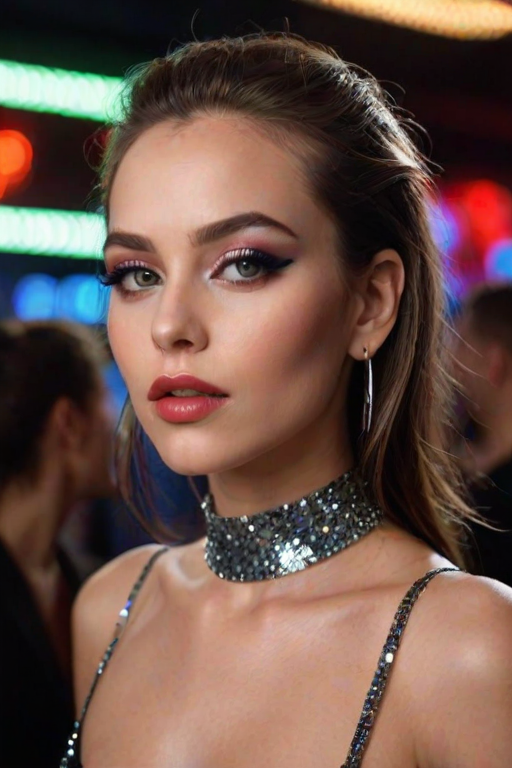 High res waist up portrait photo of a woman with glittery eye-shadow and clear glossy lip-gloss.She is looking at the viewer seductively . She is wearing a thin string-like black choker and hoop earrings. In the background is a nightclub scene out of focus