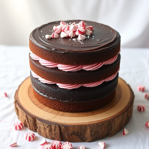 A beautifully layered cake with a rich chocolate exterior and a pink whipped filling, showcasing a dark chocolate base, placed on a wooden cake stand, surrounded by crushed peppermint pieces, with a clean white tablecloth as the backdrop.