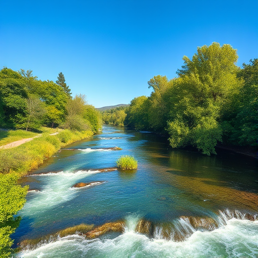 Generate a high-resolution image of a serene landscape with a flowing river surrounded by lush green trees under a clear blue sky, captured with a DSLR camera at f/8 aperture, 50mm lens, ISO 100, and a wide-angle view to enhance the depth of field.