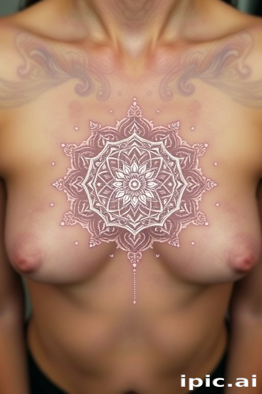 Ethereal white ink mandala tattoo with intricate lace-like patterns and delicate dotwork, creating a subtle yet mesmerizing design that seems to glow on the skin, placed on the sternum