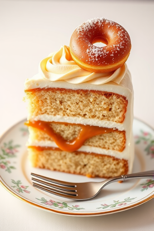 Create an image of a slice of layered cake with a caramel filling between the layers topped with swirls of frosting and a small donut on top along with a dusting of sugar on the donut placed on a decorative plate with a fork beside it against a light background.