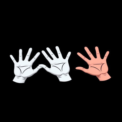 create an illustration of three cartoon-style hands in white on a black background, use a DSLR camera with an aperture of f/4, ISO 100, and a 50mm lens, shot from a top-down perspective, with vibrant colors and high contrast lighting