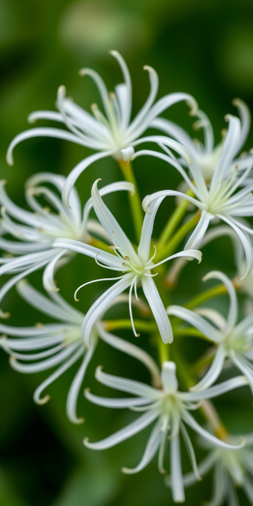 close-up shot of a cluster of white spider lilies with delicate, elongated petals against a blurred green background, DSLR camera, aperture f/2.8, shutter speed 1/200 sec, ISO 100, macro lens, natural lighting