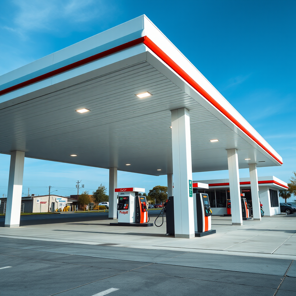 Create a high-resolution image of a minimalist, modern gas station with sharp geometric lines, using a DSLR camera at f/8 aperture, ISO 200, 24mm focal length, and a wide-angle lens from a low angle view to enhance depth and detail.