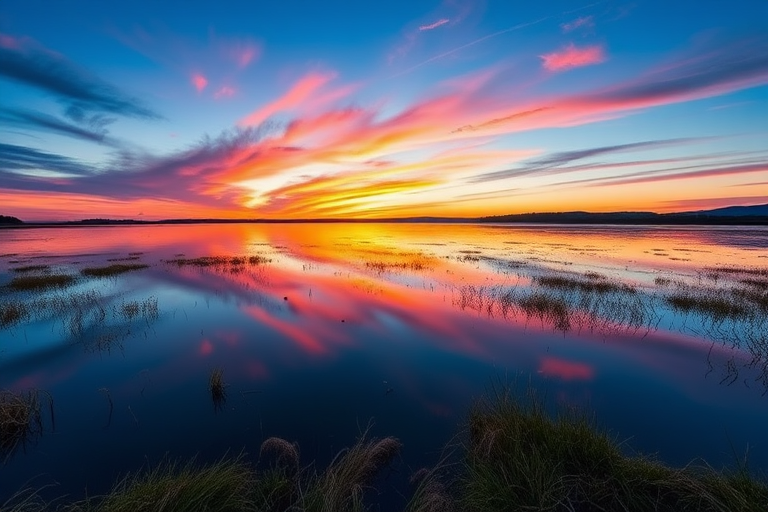 Generate a high-resolution image of a serene landscape at sunset with vibrant colors, featuring a calm lake reflecting the sky, using a DSLR camera, 50mm lens, aperture f/1.8, ISO 100, and a low-angle view for depth.
