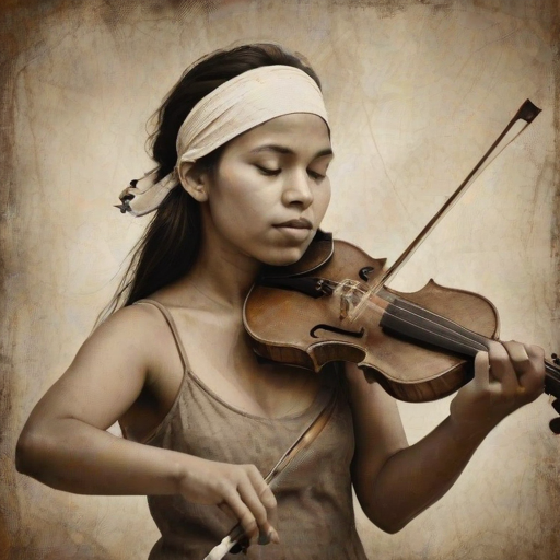a young First Nations woman with a white headband playing a violin, in the style of a charcoal drawing, sepia grunge background