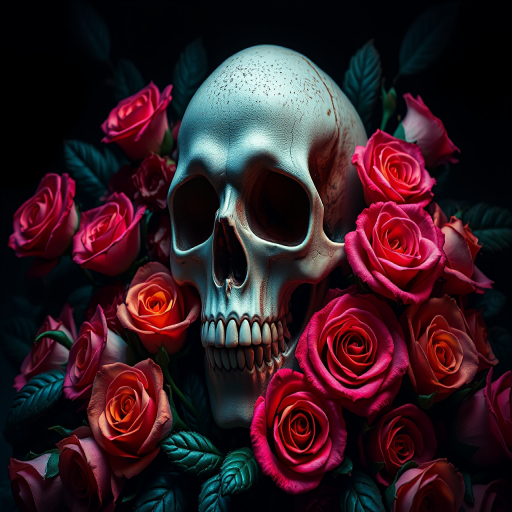 Generate a highly detailed and vibrant digital artwork of a skull surrounded by colorful roses and dark leaves, with a dramatic dark background, using a Canon EOS R5 camera with a 50mm f/1.2 lens, at ISO 100, aperture f/2.8, and a soft focus style to enhance depth and richness in color.