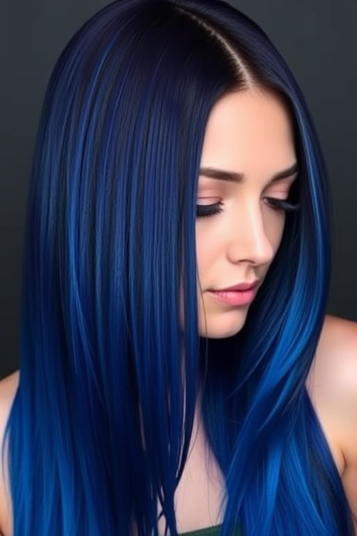 Midnight Sapphire Cascade boasts a deep, rich blue hue that gradually lightens to a brilliant cerulean at the ends, styled in a sleek, pin-straight waterfall