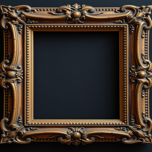 Capture a high-resolution image of a vintage ornate picture frame on a dark background, using a DSLR camera with a 50mm f/1.8 lens, aperture set to f/2.8, ISO 200, shutter speed 1/125s, with soft diffused lighting to enhance texture and details.