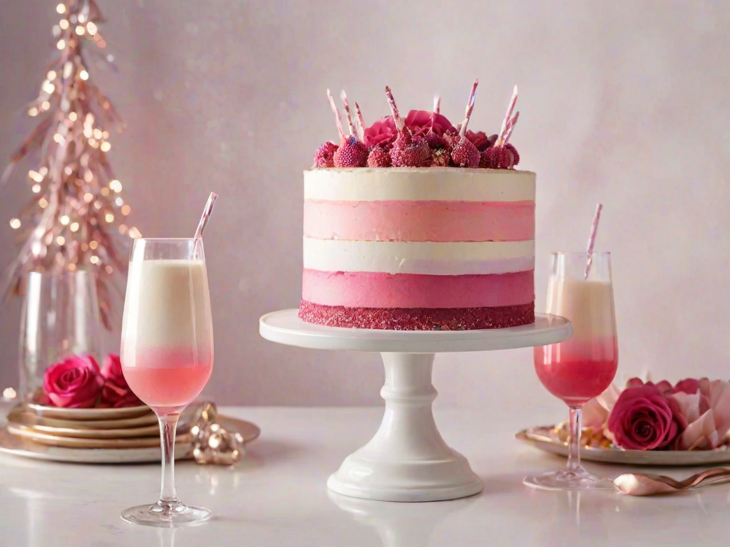Generate an image of a beautiful layered cake with a smooth white top and a gradient frosting design transitioning from light pink to deep pink. The cake is displayed on a white pedestal stand, surrounded by elegant decorations and sparkling drinks. The background should have a festive atmosphere with subtle party decor elements.