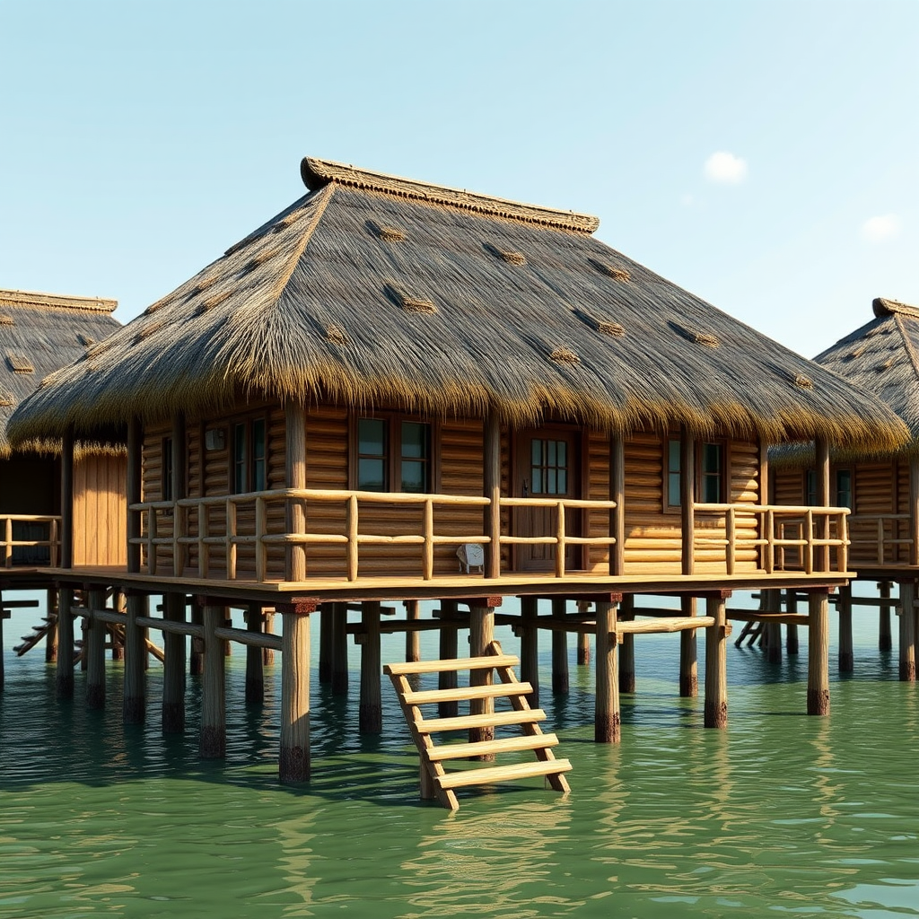 Generate a highly detailed 3D rendering of a traditional thatched-roof wooden house on stilts, using a DSLR camera with a 50mm lens, aperture set to f/2.8, ISO 100, in natural lighting for enhanced textures and vibrant colors.