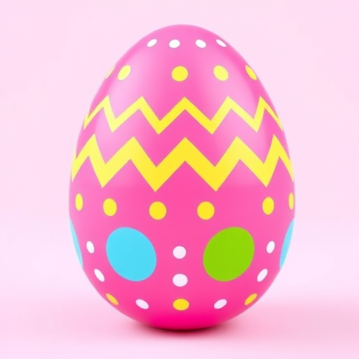 Create a digital illustration of a pink Easter egg featuring zigzag and polka dot patterns in yellow, blue, and green, captured with a DSLR camera at f/2.8, ISO 100, 50mm lens, in a bright, evenly lit environment with a shallow depth of field for a soft background.