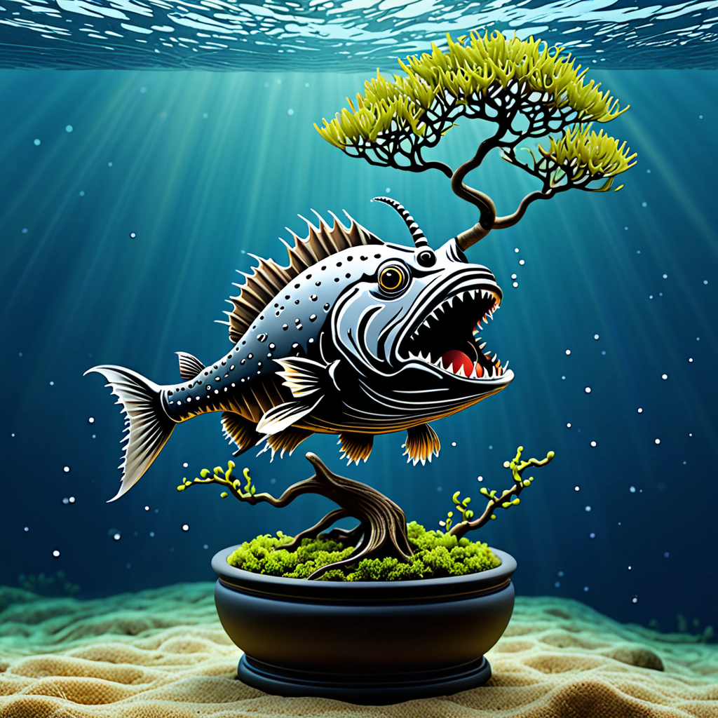Cartoon angler fish eating a bonsai tree in the depths of the sea