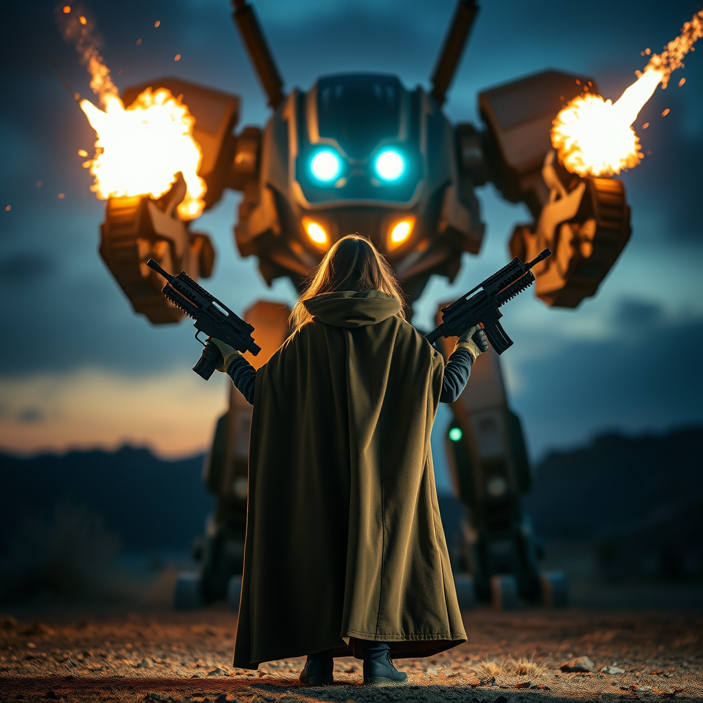create a cinematic scene of a girl in a cloak standing confidently with futuristic rifles in each hand, facing an imposing mech with explosive blasts in the background, shot with a Canon EOS R6, 35mm lens, f/1.8 aperture, ISO 100, low angle view at twilight for enhanced colors and dramatic lighting.