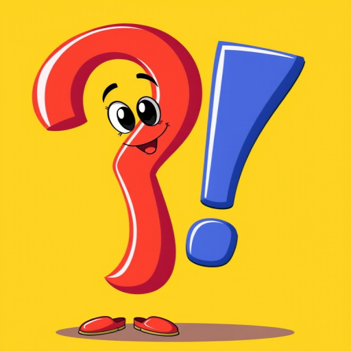 Create an illustration of a colorful question mark and exclamation point character side by side, with a bright yellow background, using a DSLR camera at f/4, ISO 100, 50mm lens, positioned at eye level for a cartoon style effect.
