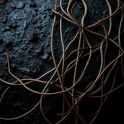 Create an abstract image of a textured dark surface with intertwined organic elements resembling thin branches or fibers, camera settings: ISO 200, aperture f/8, shutter speed 1/60, camera view: macro close-up, camera style: high dynamic range, camera type: DSLR.