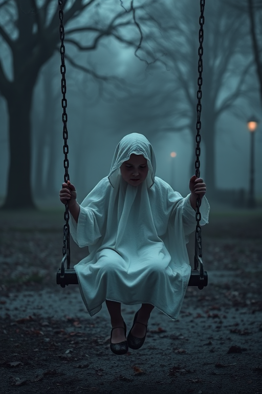 Create a high-resolution image of a child dressed as a ghost sitting on a swing in a foggy park, taken with a Canon EOS R5, 50mm lens, f/1.8 aperture, ISO 200, and a soft focus effect to enhance the eerie atmosphere.