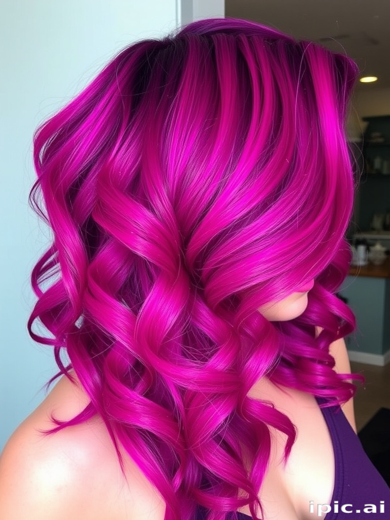 Bold magenta to purple ombré titled "Cosmic Fusion" styled in voluminous curls with a side-swept part and shimmering glitter accents throughout