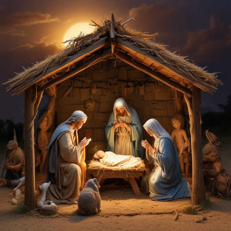 A Peaceful Nativity Scene Depicting the Birth of Jesus Christ at Night.
