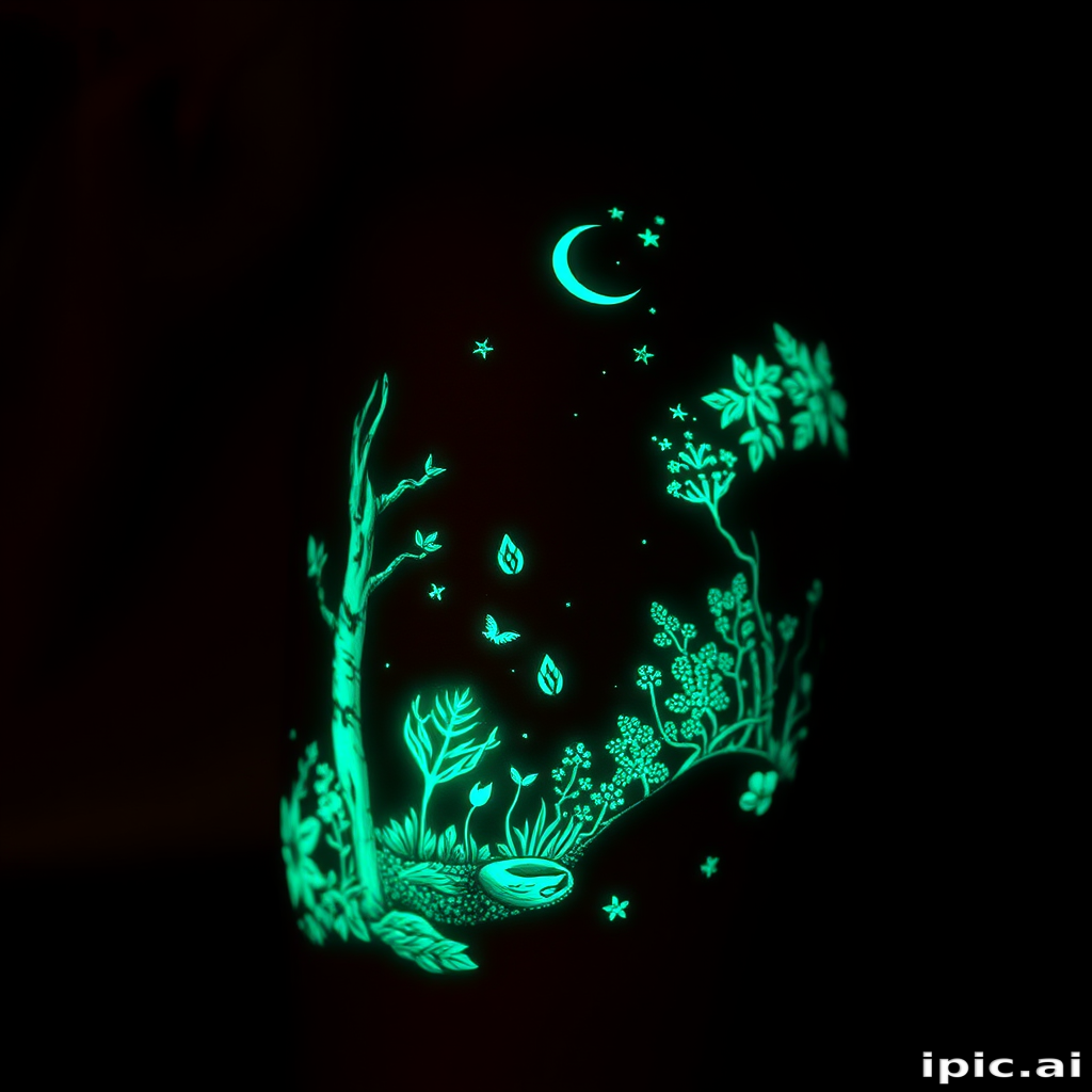 Luminous glow-in-the-dark tattoo called "Bioluminescent Forest" showcasing a magical woodland scene with phosphorescent ink that charges in daylight to emit a soft ethereal glow in darkness intricate details of flora and fauna come alive at night creating an enchanted landscape on the skin