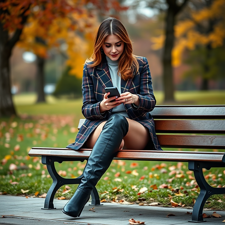 Create an outdoor portrait of a woman sitting on a bench in a park, dressed in a stylish plaid blazer and thigh-high boots, using a smartphone, with autumn leaves in the background, shot with a Canon EOS R5, 50mm lens, aperture f/1.8, ISO 100, natural light, and a shallow depth of field for a blurred background effect.