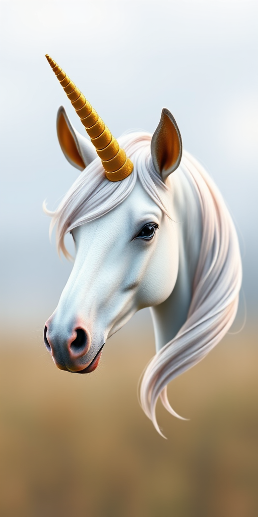 Generate a high-quality vector image of a unicorn head featuring a spiraled golden horn and large golden ears, captured in a digital art style with a 50mm lens, f/2.8 aperture, ISO 100, and a soft focus background.
