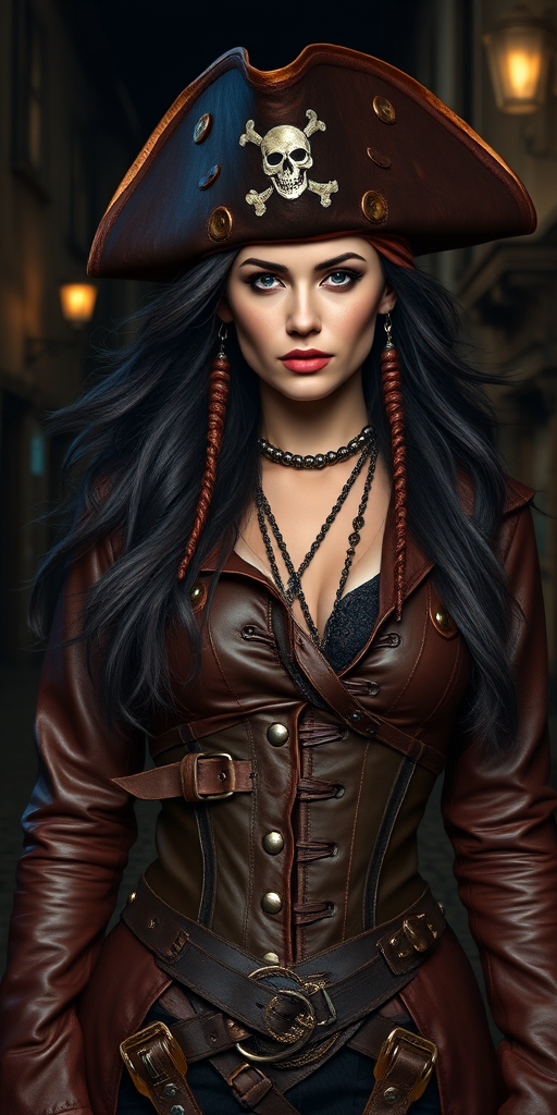 Create a portrait of a fierce female pirate. She wears a leather tricorn hat adorned with a skull and crossbones emblem, and her long, dark hair flows around her face. Her outfit consists of a richly detailed leather jacket, a corset, and multiple layers of belts and accessories, giving her a formidable and stylish appearance. She stands confidently in a dimly lit, historic port town, with a backdrop of weathered buildings and cobblestone streets, capturing the adventurous spirit of a pirate.