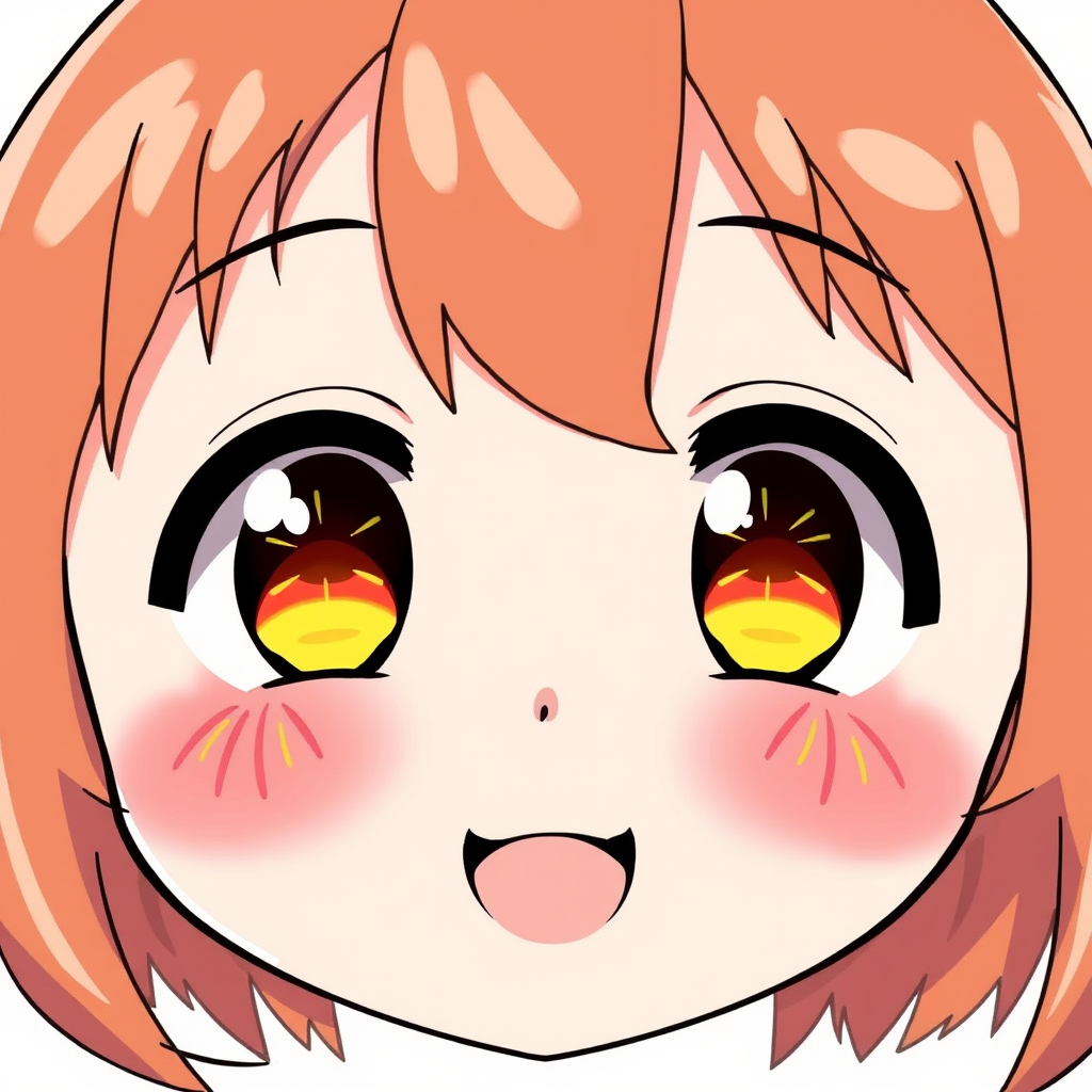 Create an illustration of a cute anime face with large, sparkling eyes featuring orange highlights. The face should have rosy cheeks and convey a joyful, lively expression. The style should be bright and cheerful, capturing the essence of kawaii art.