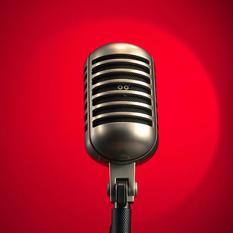 create a high-resolution image of a vintage microphone on a red circular background, use a Canon EOS R5 camera, aperture f/2.8, shutter speed 1/125s, ISO 100, shot from a close-up view, in a studio lighting style, with a sharp focus on the microphone and a smooth gradient background