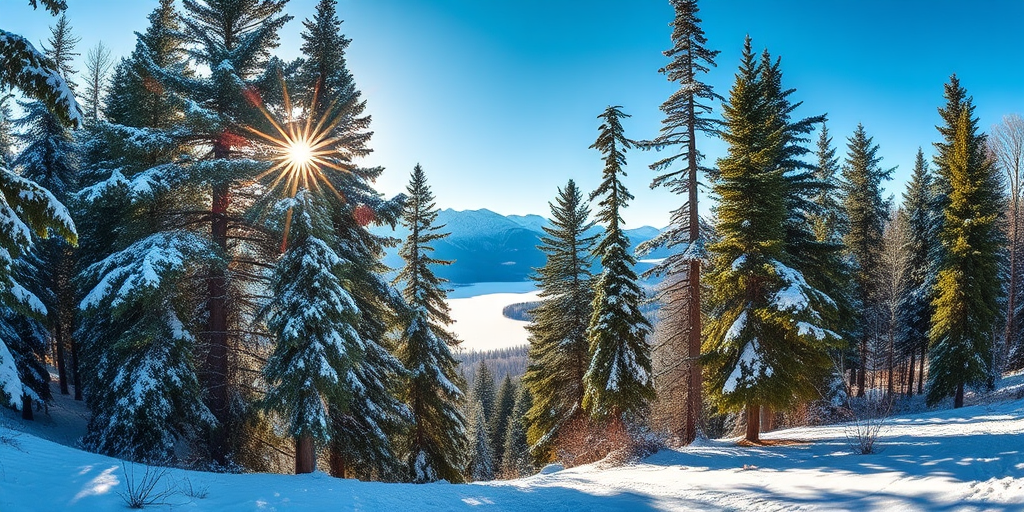 snow-covered forest landscape with tall evergreen trees, soft sunlight filtering through branches, clear blue sky, tranquil frozen lake in a valley, shot with a Canon EOS R5 at f/11, ISO 100, 24mm focal length, using landscape photography style for vibrant colors and depth.