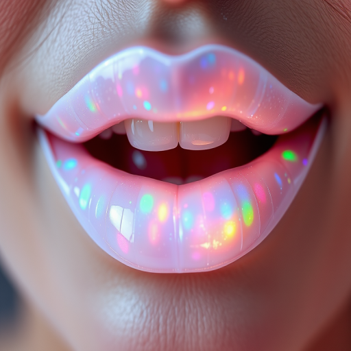 Radiant opal lips shimmer with iridescent white and pastel rainbow hues, creating a magical and ethereal effect perfect for editorial imagery