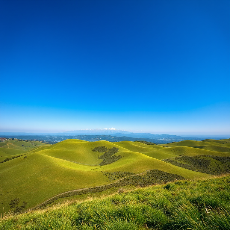 Capture a picturesque landscape of rolling green hills under a clear blue sky with distant mountains, shot with a Canon EOS R5, 24mm lens, f/8 aperture, ISO 100, 1/250 sec, in natural light and top-down perspective to enhance details and colors.