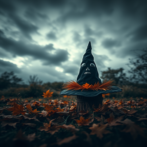 A spooky witch's hat perched on a broomstick among autumn leaves in a dark, moody landscape, shot with a Canon EOS R5 at f/2.8, ISO 200, 1/125 sec, with a wide-angle lens from a low angle to emphasize the foreground, capturing rich colors and dramatic clouds.