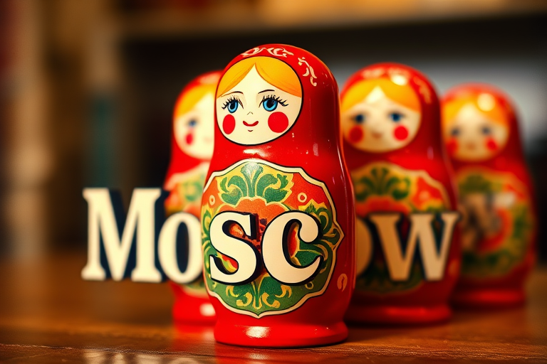 Create an image of a stylized representation of  Matryoshka dolls with the word "Moscow" integrated into the design, using vibrant colors, high contrast, with a soft focus effect, shot with a DSLR camera at f/2.8, ISO 100, 50mm lens, and a warm color palette for a vintage look.