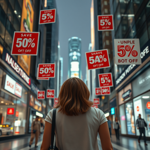 generate an image of a woman standing with her back to the viewer, surrounded by floating sale signs with various discounts in a futuristic city setting, using a DSLR camera with a 50mm lens, aperture f/1.8, ISO 100, wide-angle view, high dynamic range imaging for enhanced clarity and detail