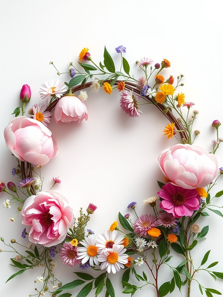 create an artistic floral wreath with soft pink peonies and colorful wildflowers on a white background, using a Canon EOS R5, 50mm lens, f/2.8 aperture, ISO 100, and natural light to enhance colors and details in a macro photography style.