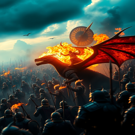 Generate a high-resolution fantasy scene of a warrior on a dragon breathing fire over a chaotic battlefield filled with armored soldiers, shot with a Canon EOS R5 at 24mm f/1.4, ISO 100, with dramatic lighting and a dynamic perspective.