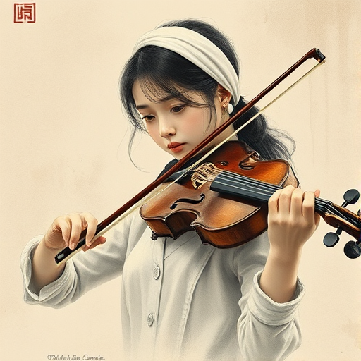 a young Korean woman with a white headband playing a violin, in the style of a charcoal drawing, sepia grunge background